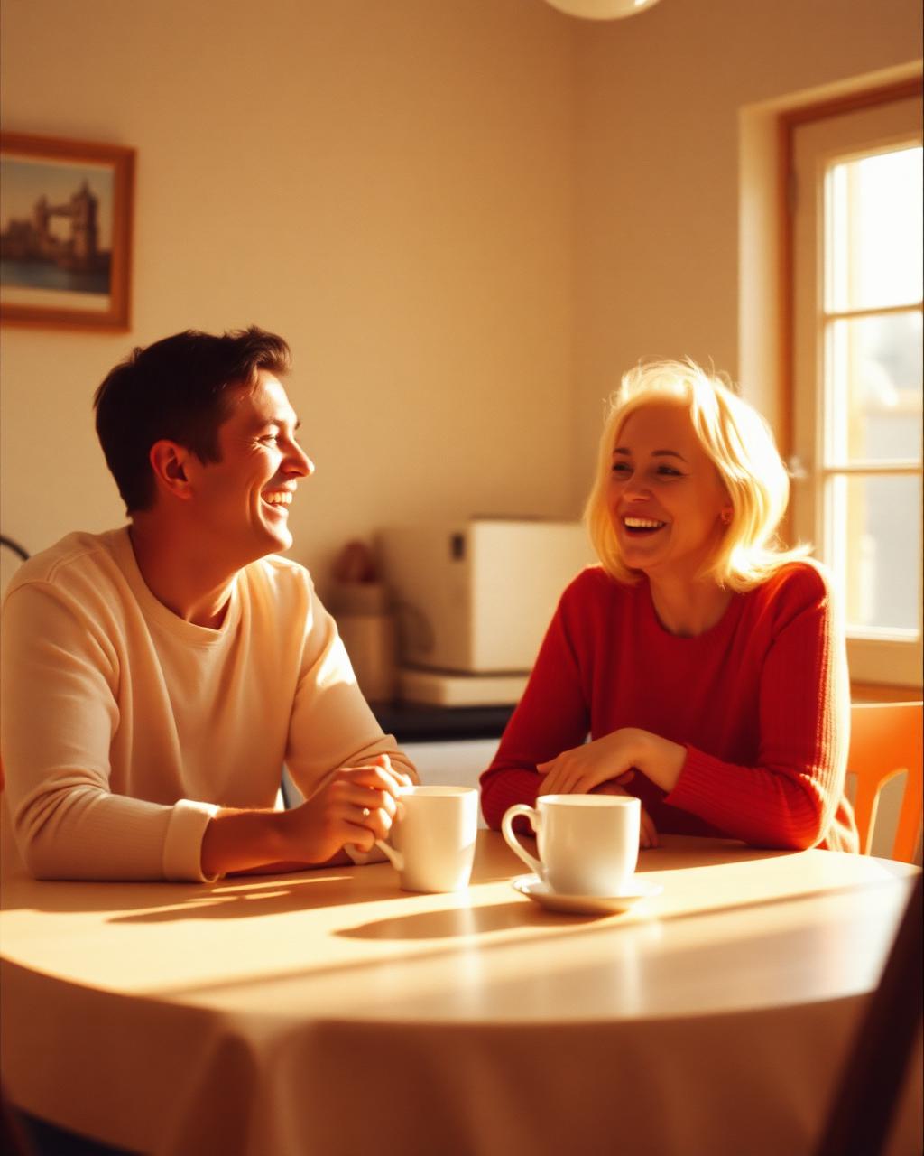 Two friends laughing over coffee at a sunlit kitchen table.