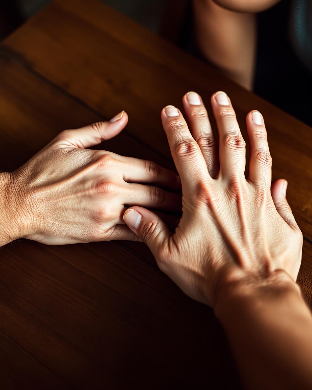 Two pairs of hands resting on a wooden table mid-conversation.